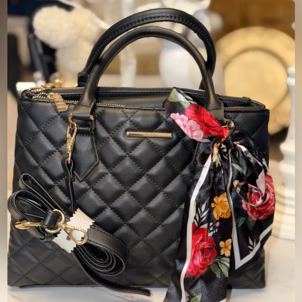 ALDO Black Quilted Shoulder Bag with Floral Scarf